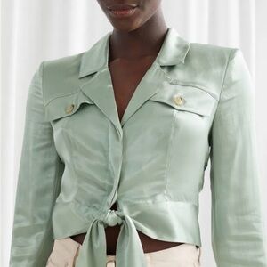 & Other Stories Satin Tie-Front Top in Light Green